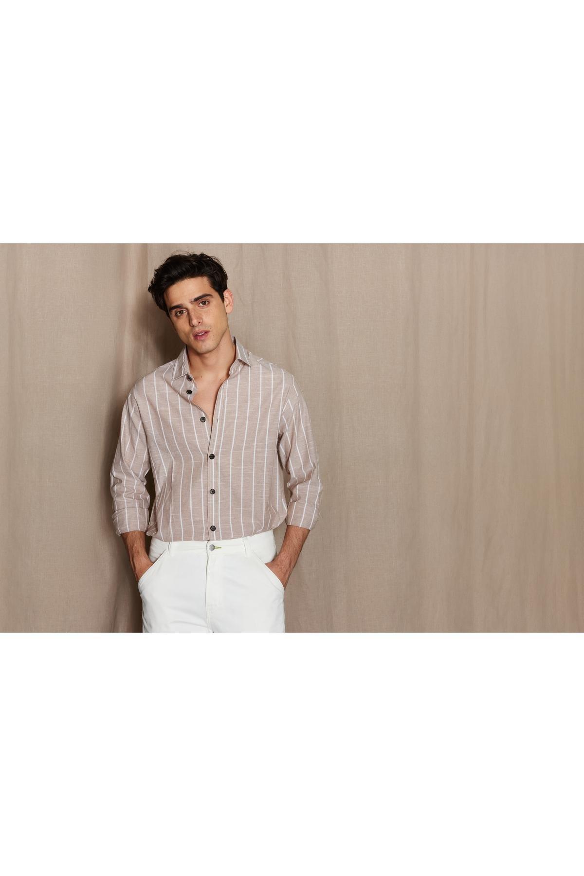 Beige Striped Shirt, , large image number 9