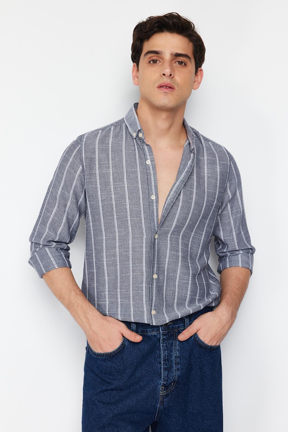 Navy Slim Button Placket Shirt, Dark blue, medium