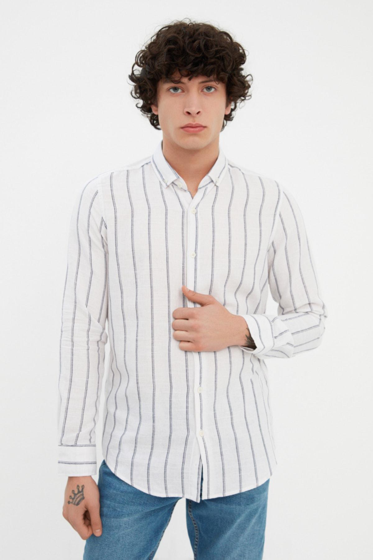 Trendyol - Blue Slim Striped Shirt