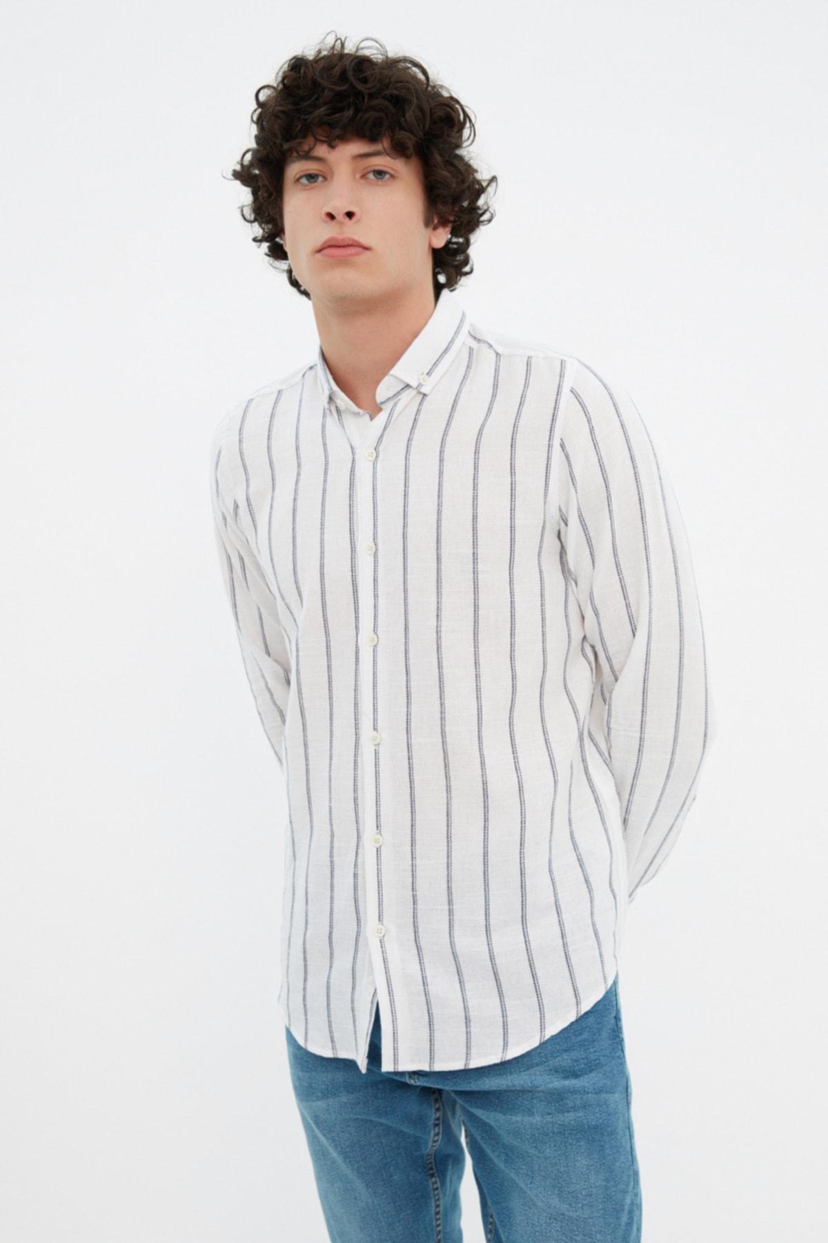 Blue Slim Striped Shirt, , large image number 1