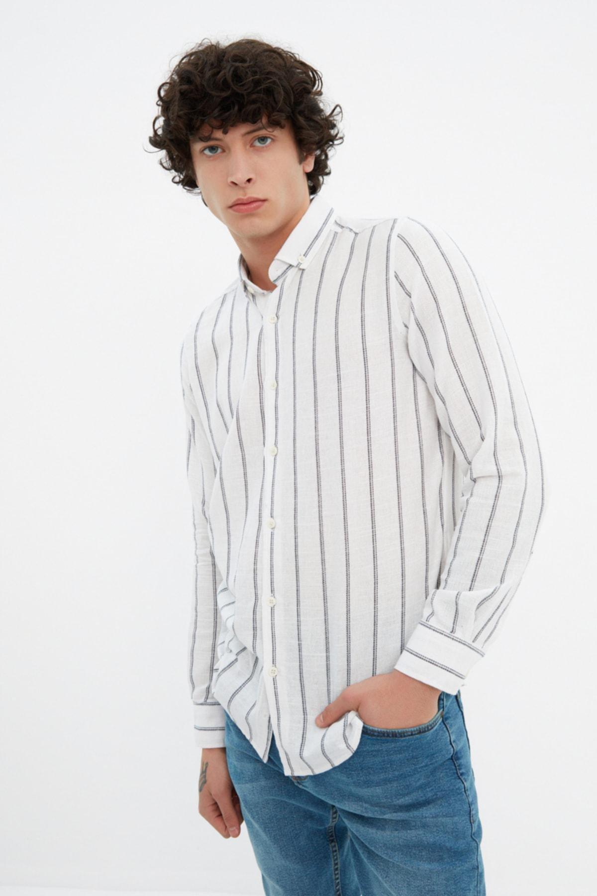 Trendyol - Blue Slim Striped Shirt