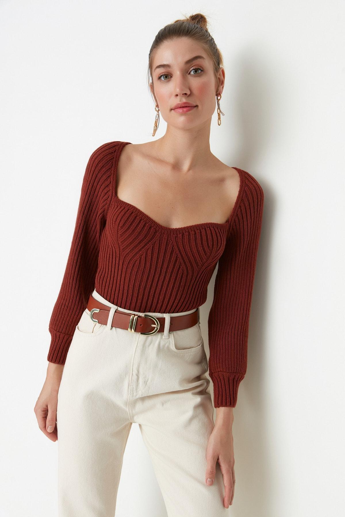 Brown Textured Sweetheart Neck Sweater, , large image number 0