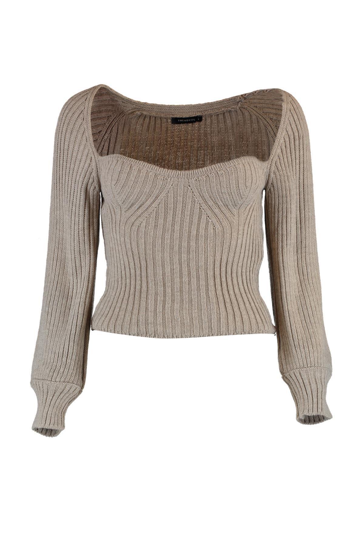 Brown Textured Sweetheart Neck Sweater, , large image number 10