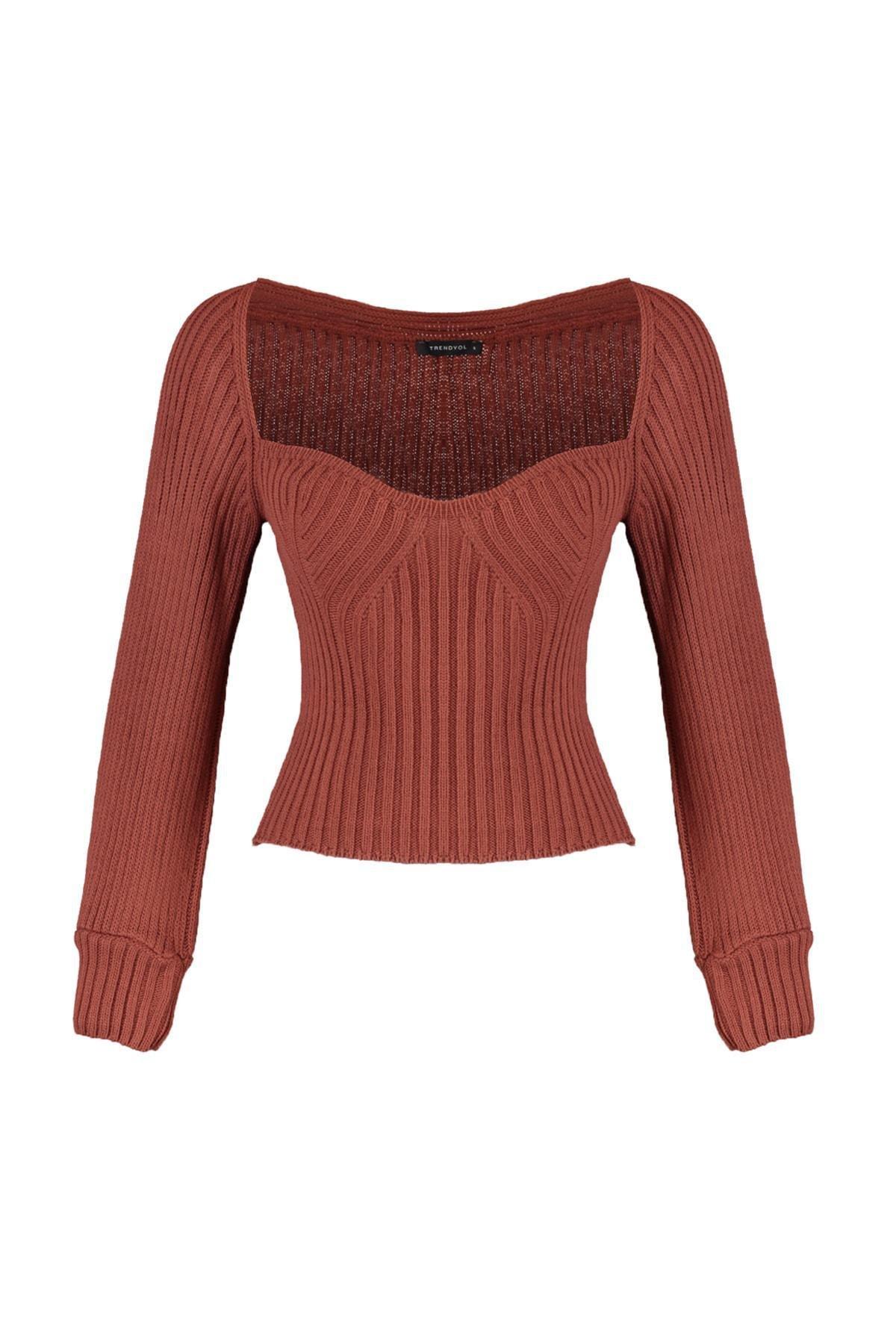 Brown Textured Sweetheart Neck Sweater, , large image number 11