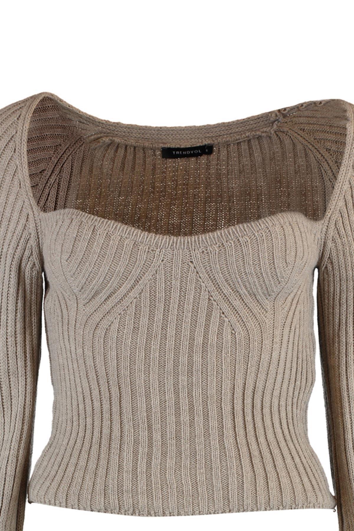 Brown Textured Sweetheart Neck Sweater, , large image number 12