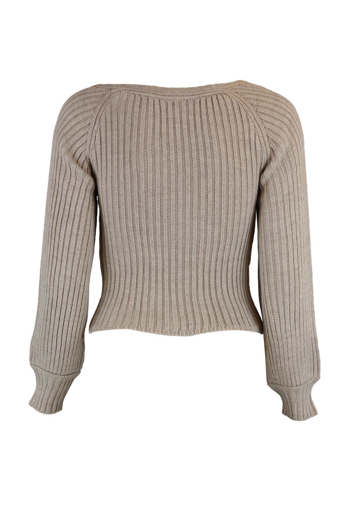 Brown Textured Sweetheart Neck Sweater, , large image number 14