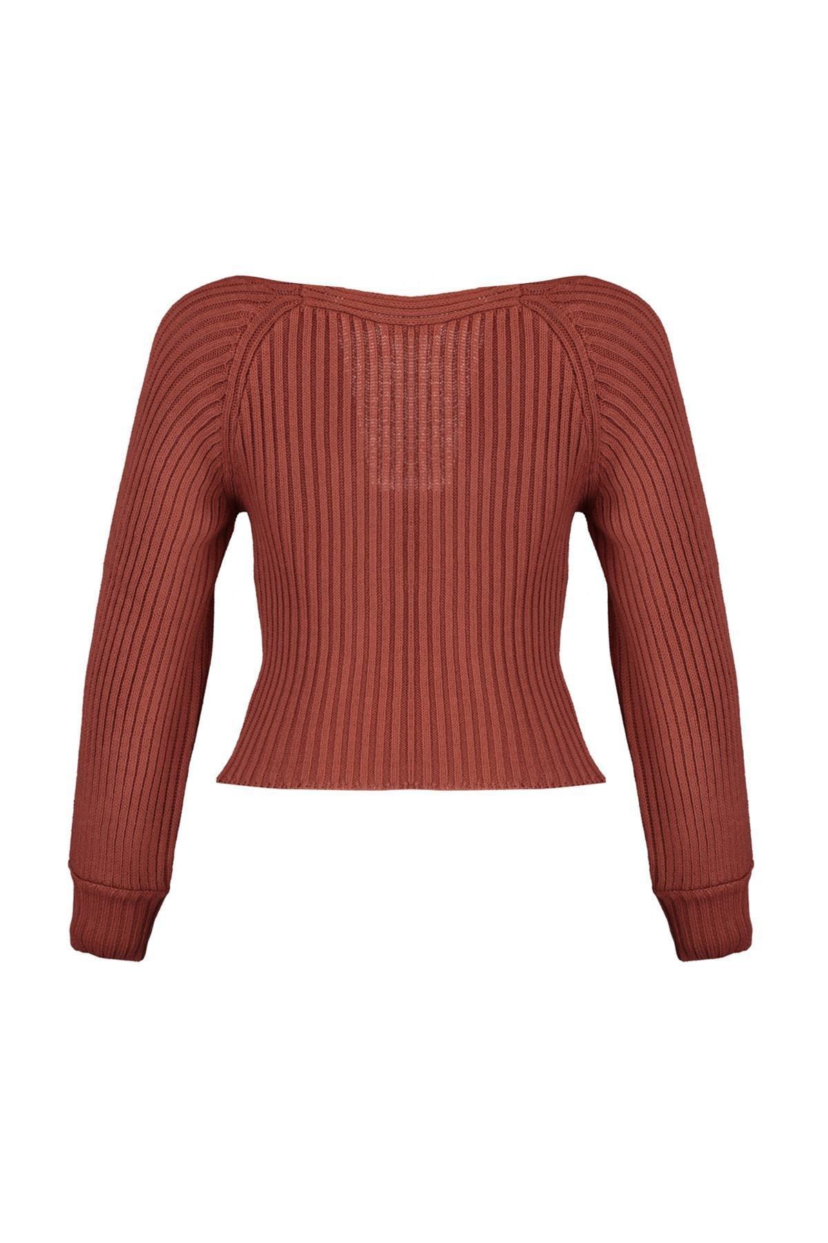 Brown Textured Sweetheart Neck Sweater, , large image number 15