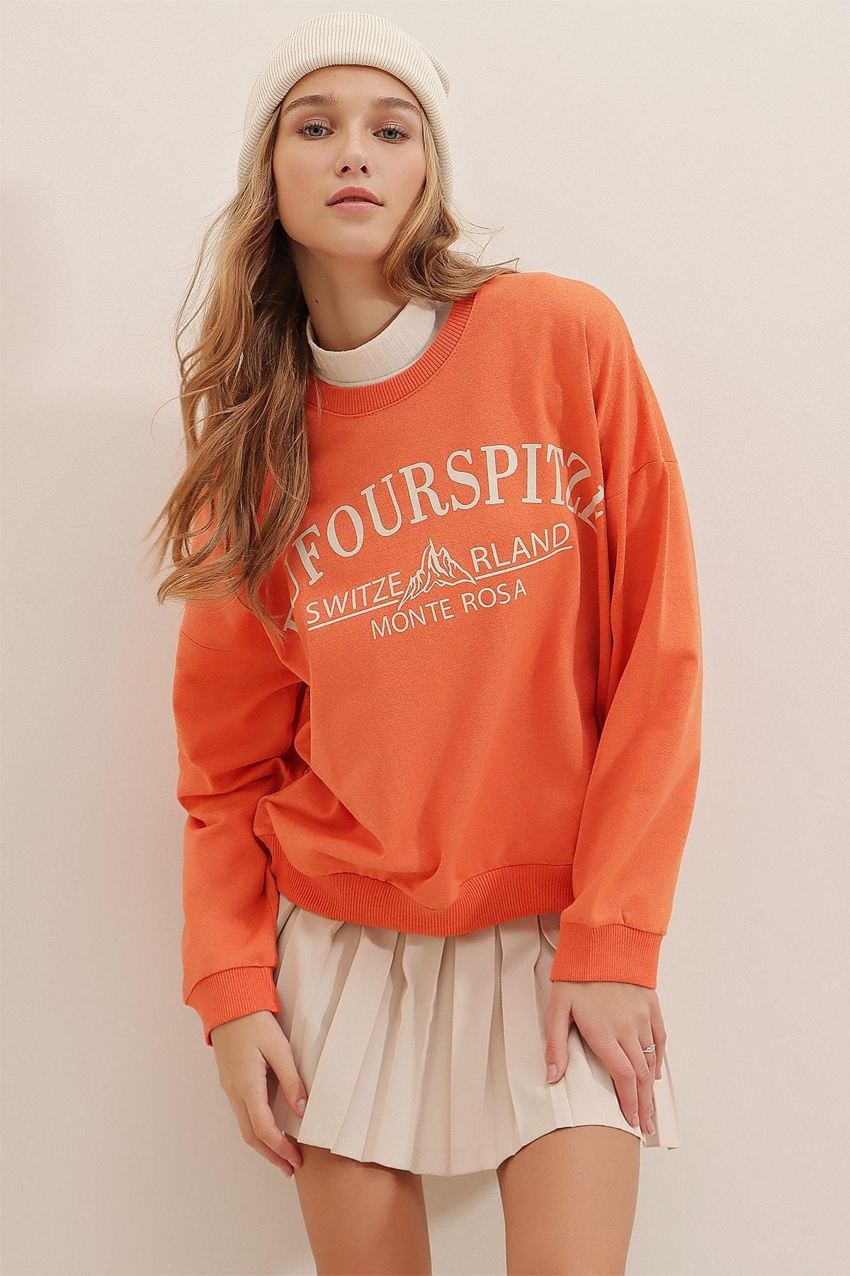 Orange Crew Neck Printed Oversized Sweatshirt, , large image number 0