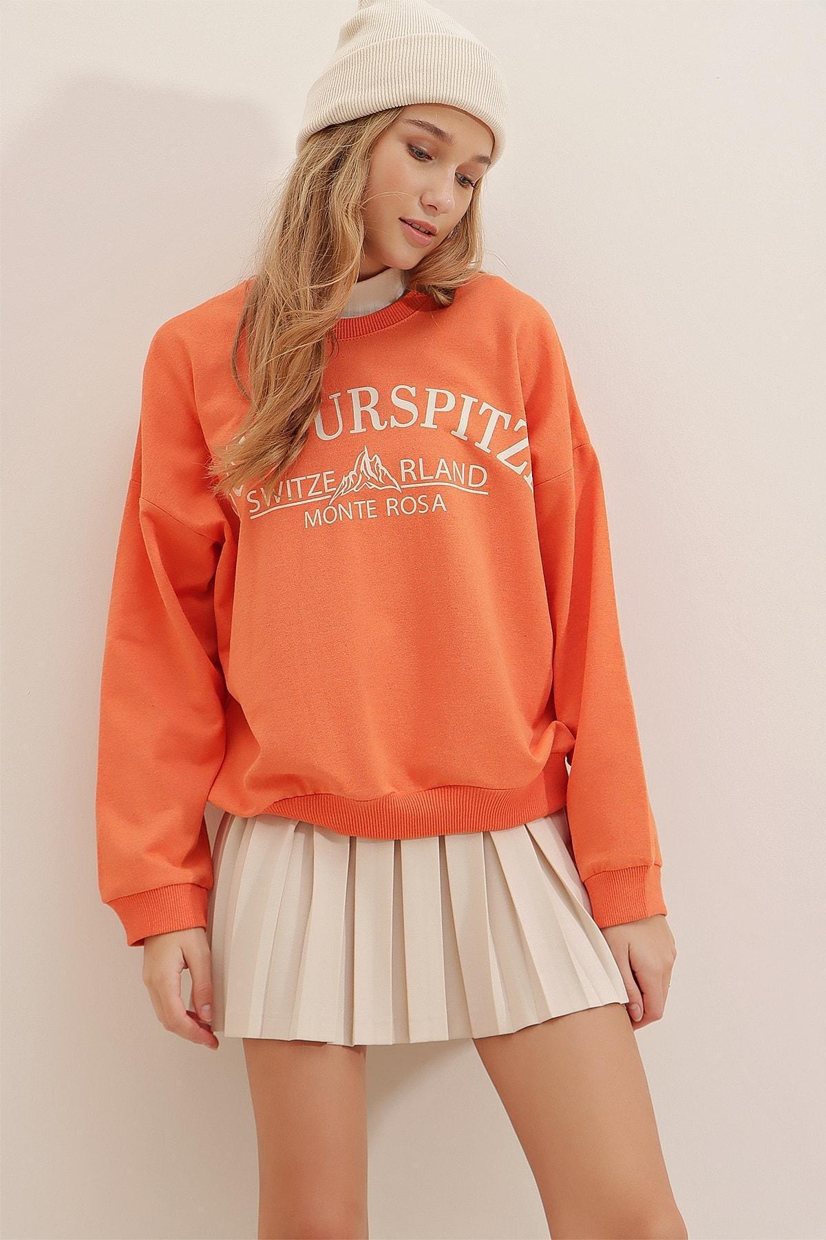 Orange Crew Neck Printed Oversized Sweatshirt, , large image number 1