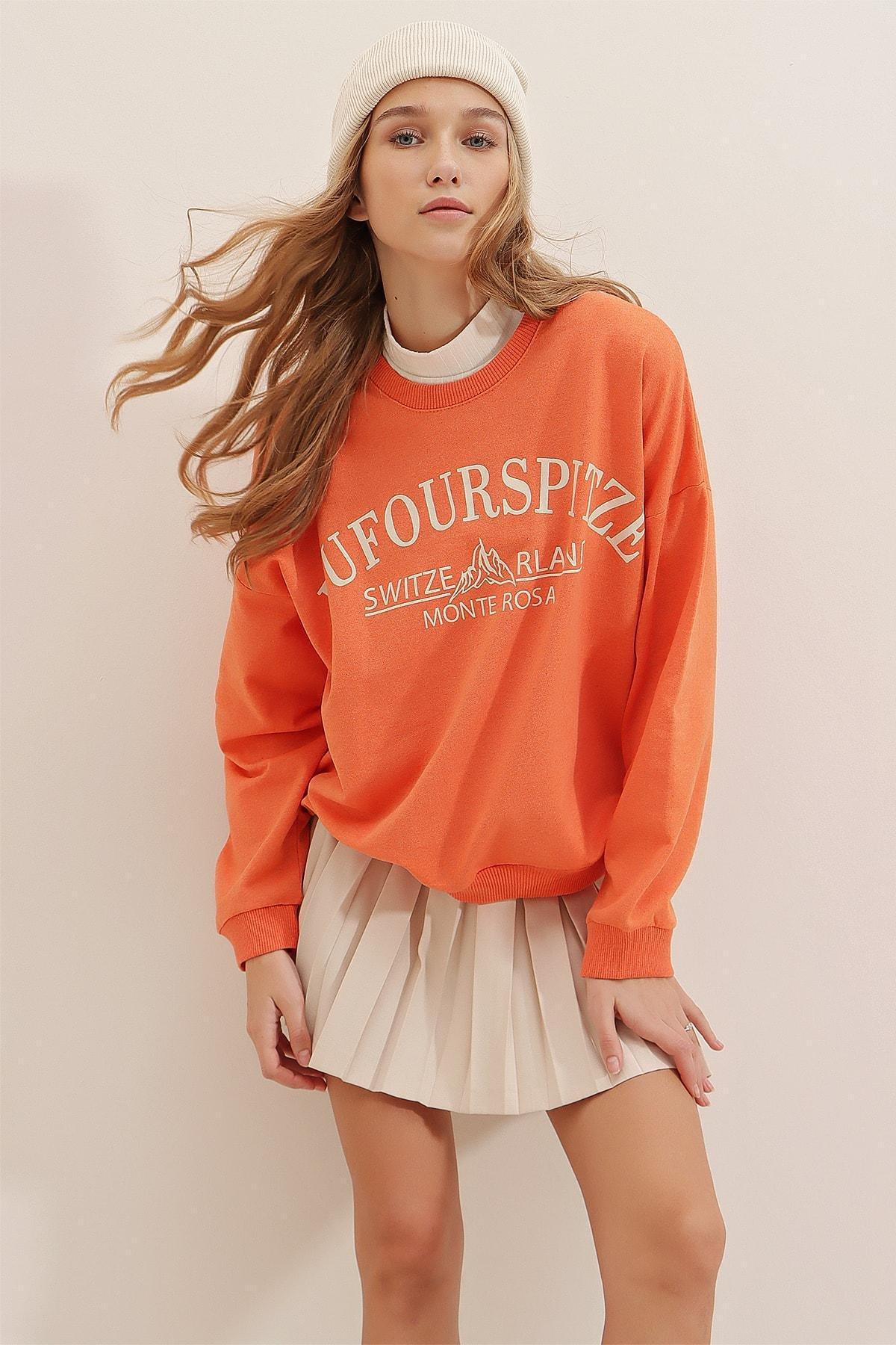 Orange Crew Neck Printed Oversized Sweatshirt, , large image number 4