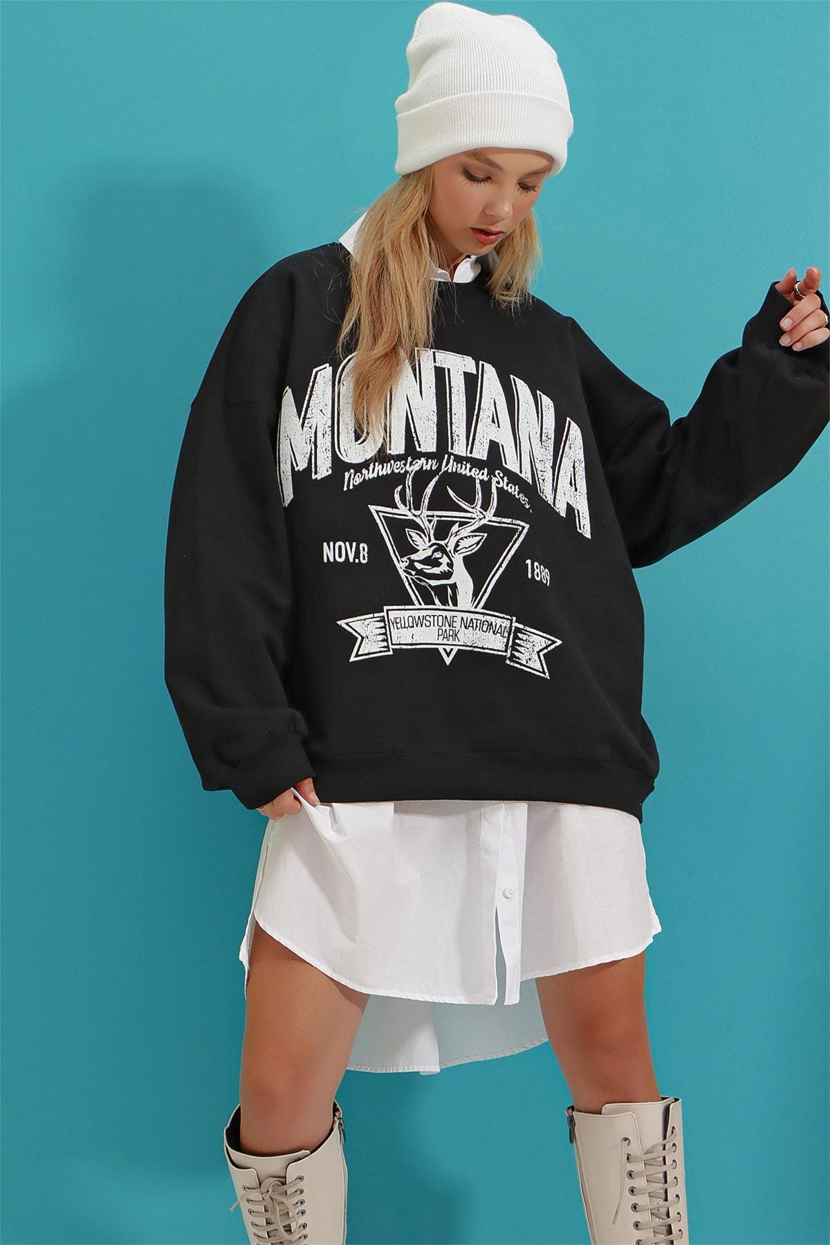 Black Printed Oversize Sweatshirt, Black, large image number 0