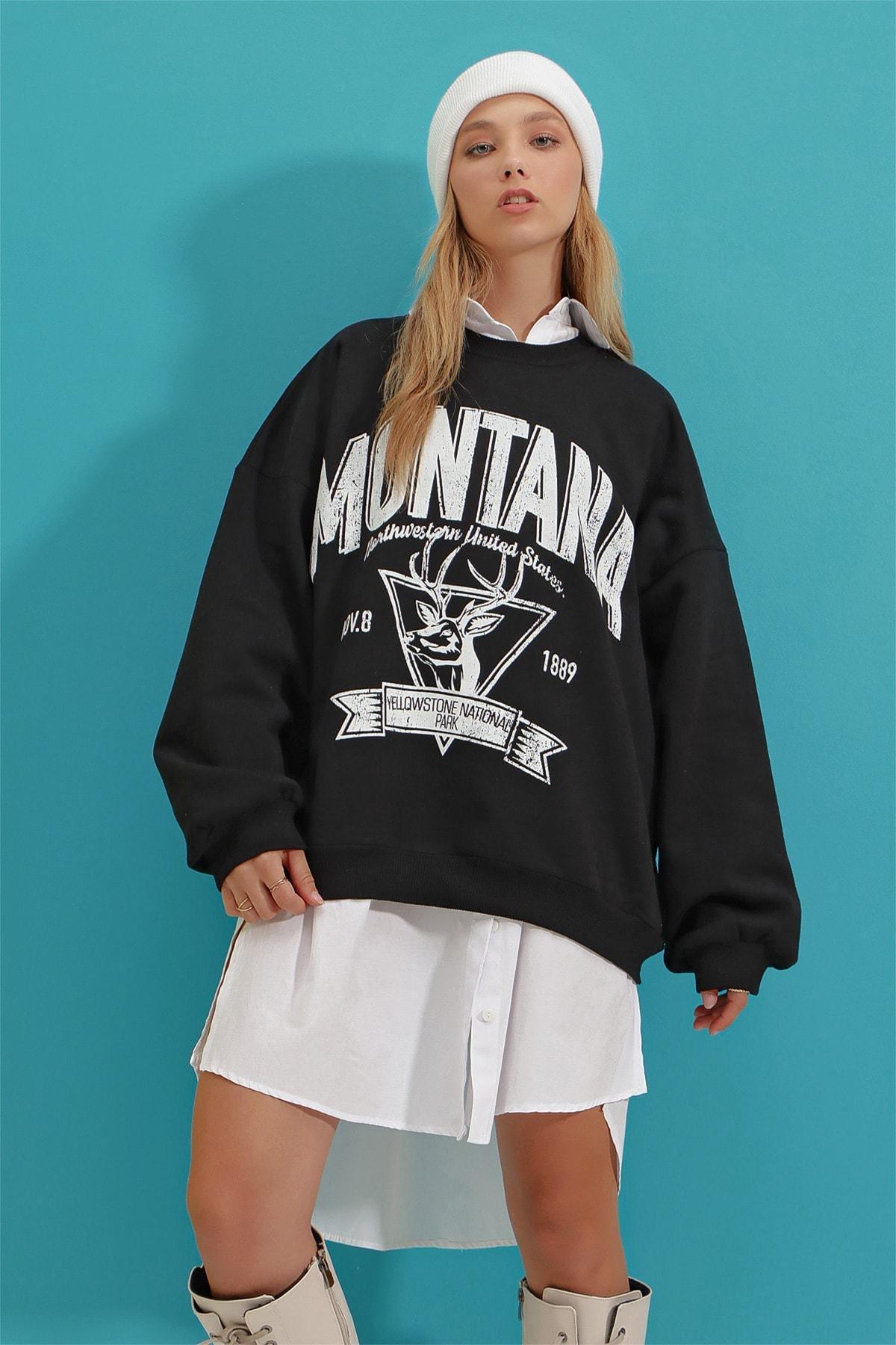 Black Printed Oversize Sweatshirt, , large image number 1