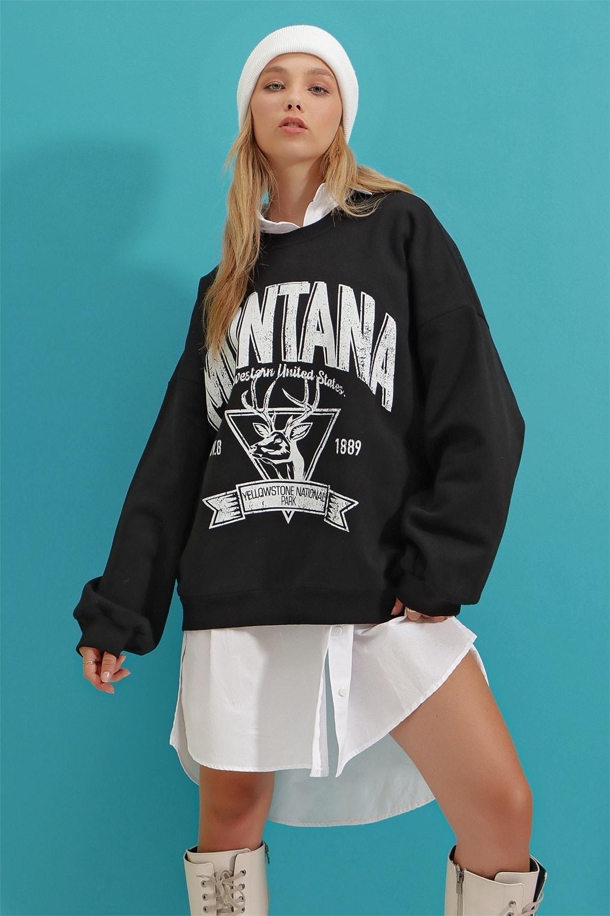 Black Printed Oversize Sweatshirt, Black, large image number 2