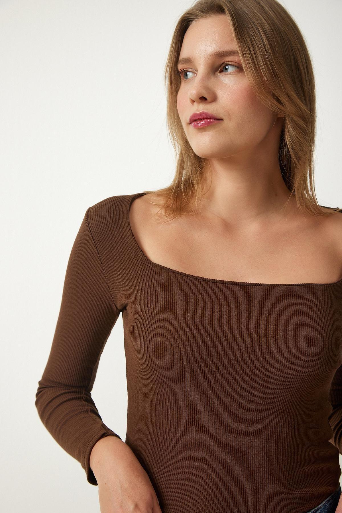 Brown Square Collar Fitted Top, , medium