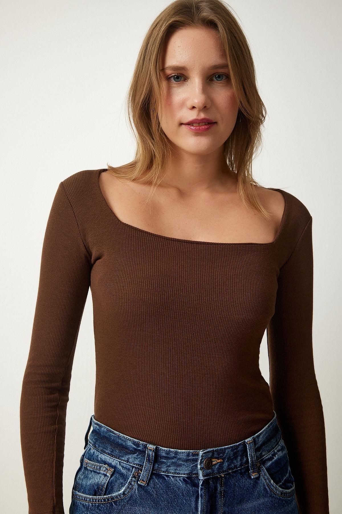Brown Square Collar Fitted Top, , large image number 1
