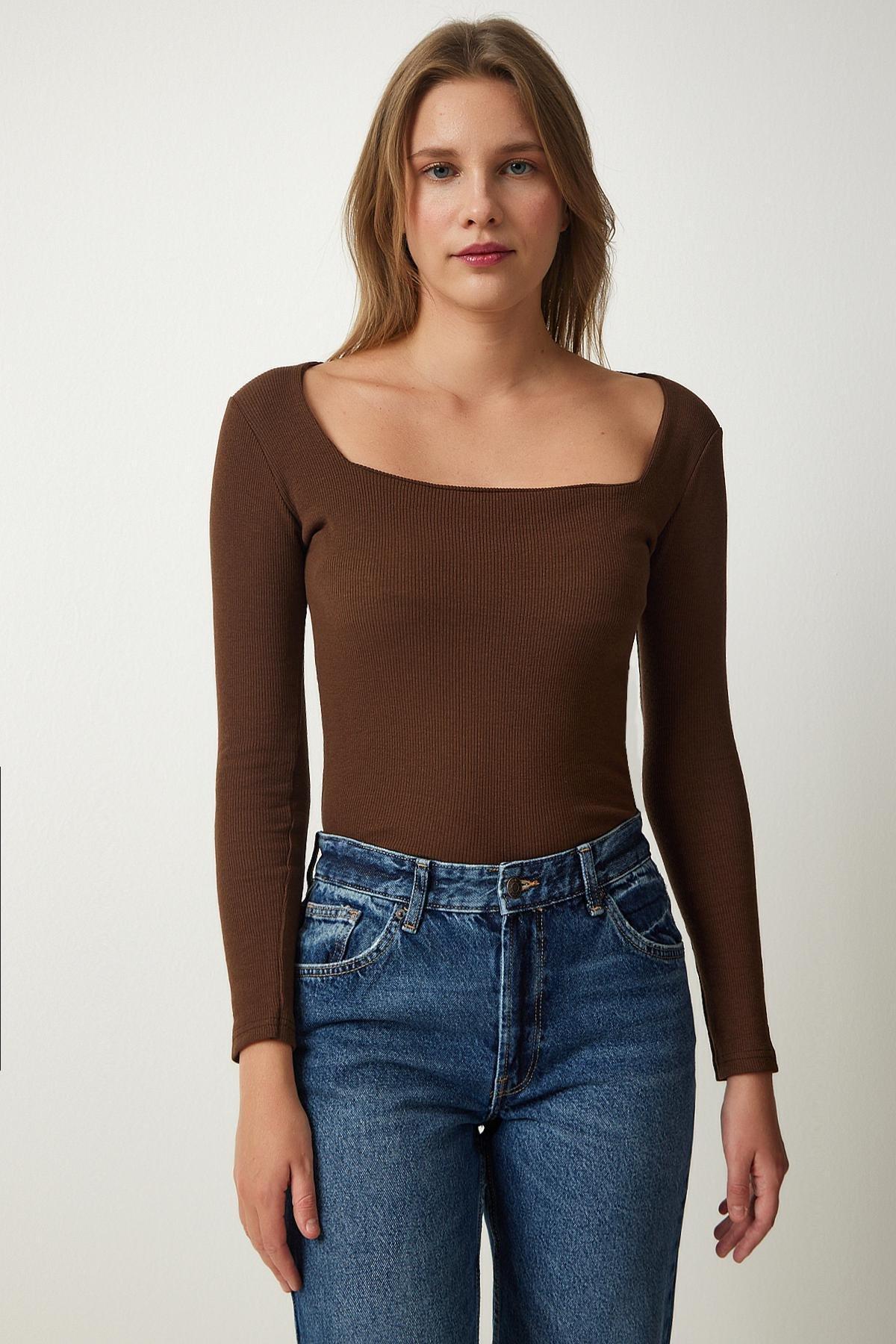 Brown Square Collar Fitted Top, , large image number 2