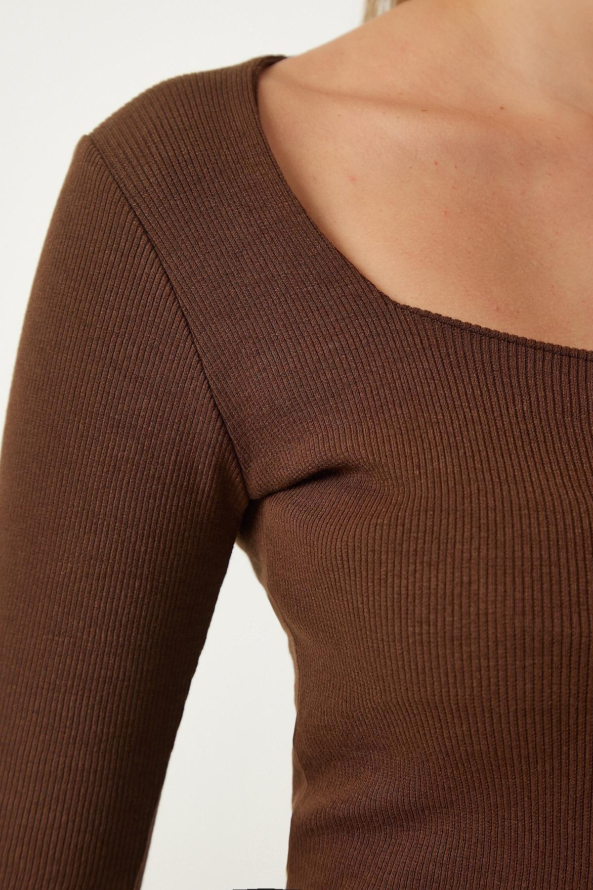 Brown Square Collar Fitted Top, , large image number 3
