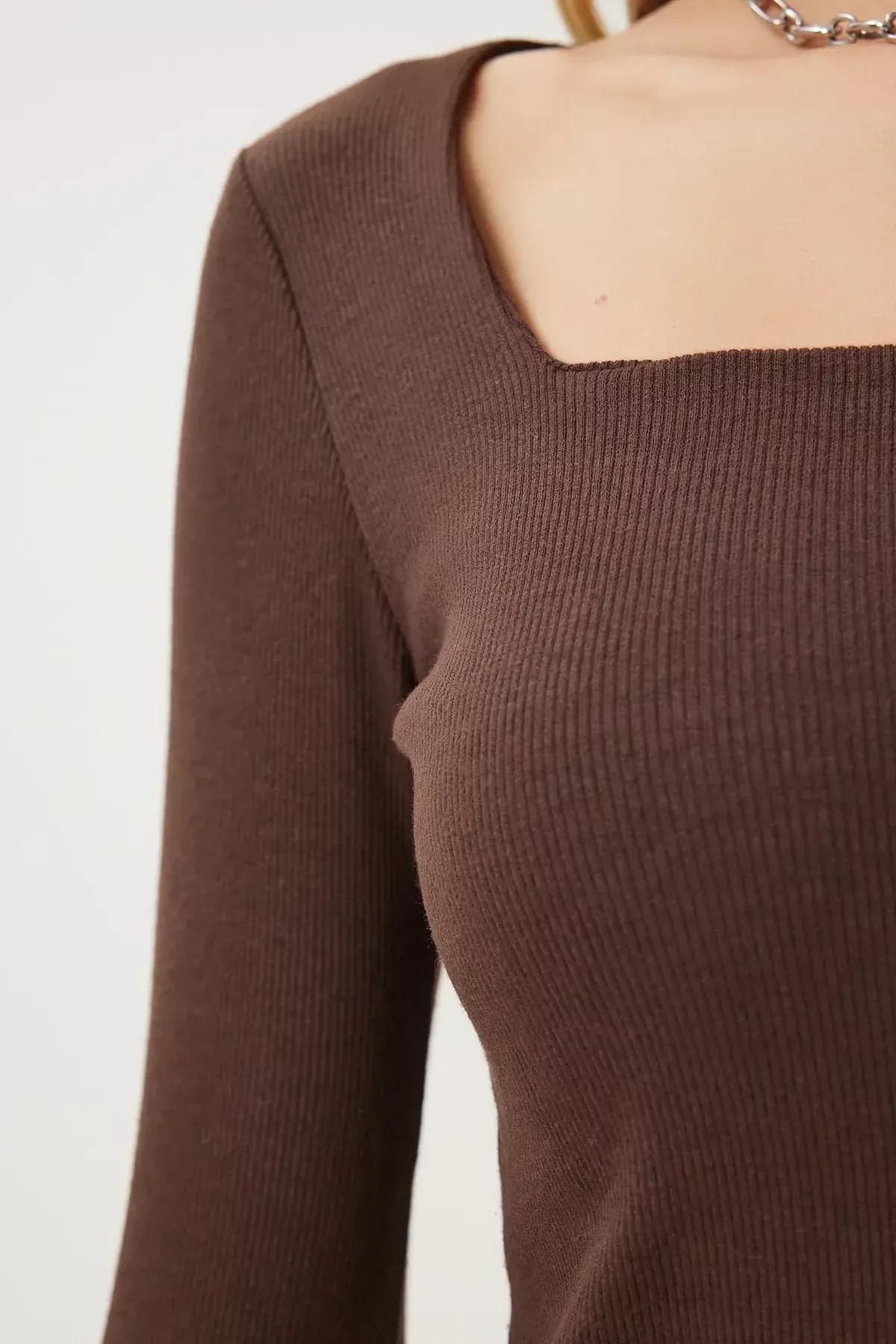 Brown Square Collar Fitted Top, , large image number 5