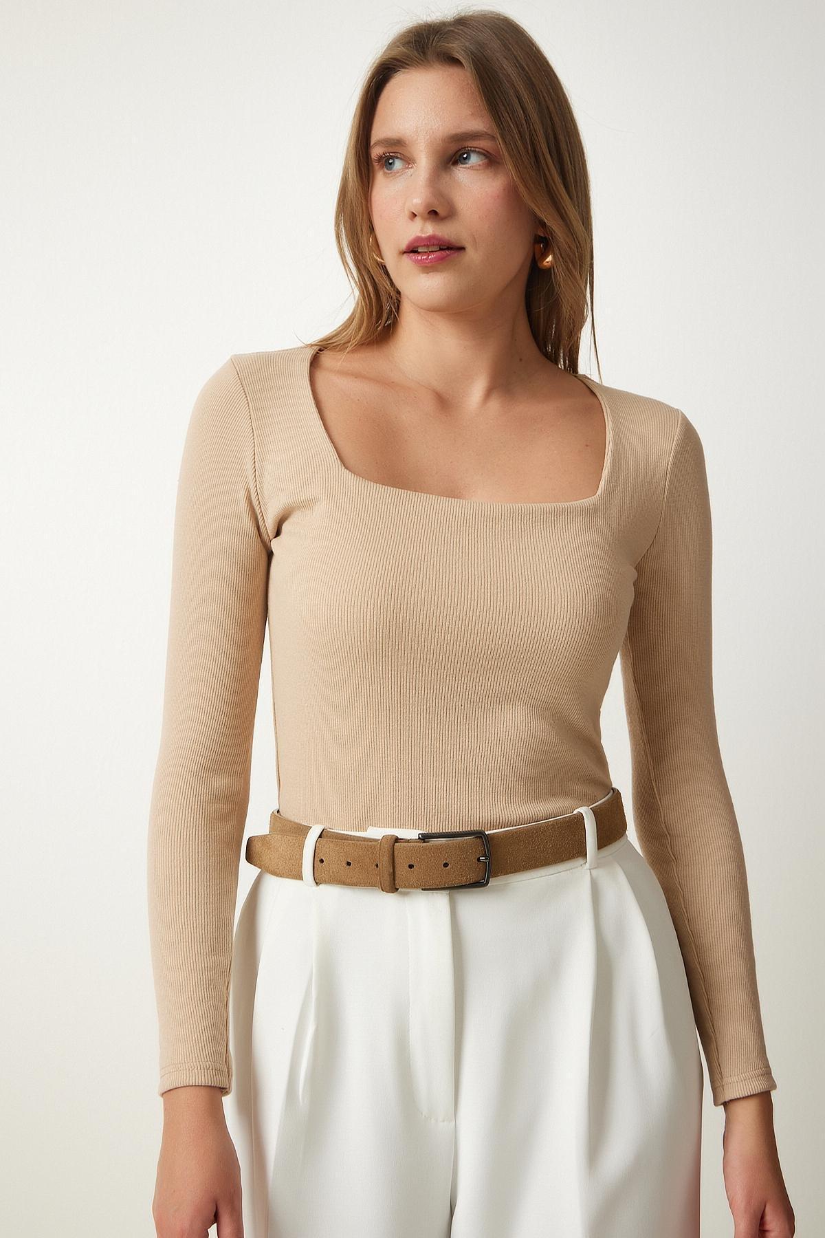 Beige Square Collar Fitted Top, Cream, large image number 3