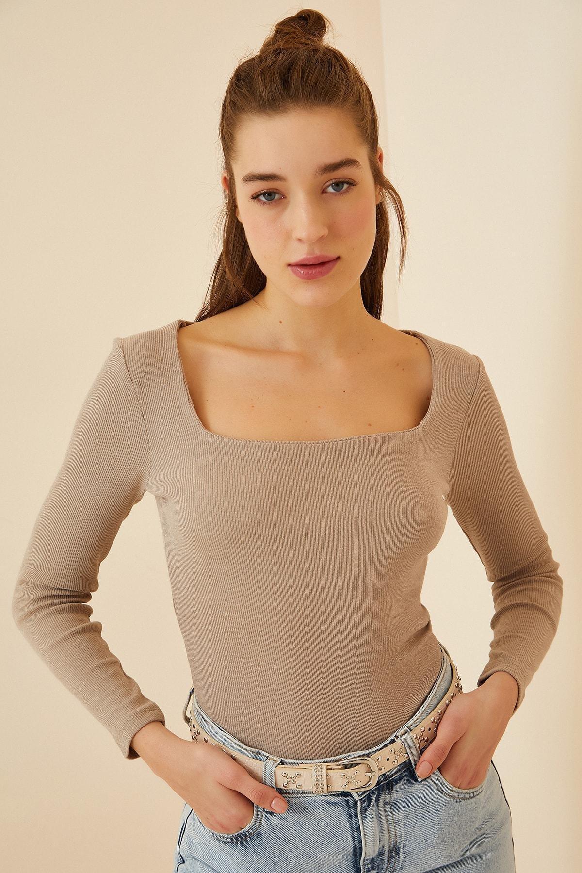 Beige Square Collar Fitted Blouse, , large image number 1