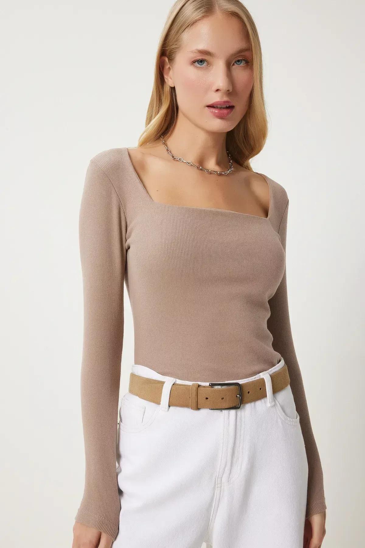Beige Square Collar Fitted Blouse, Beige, large image number 1