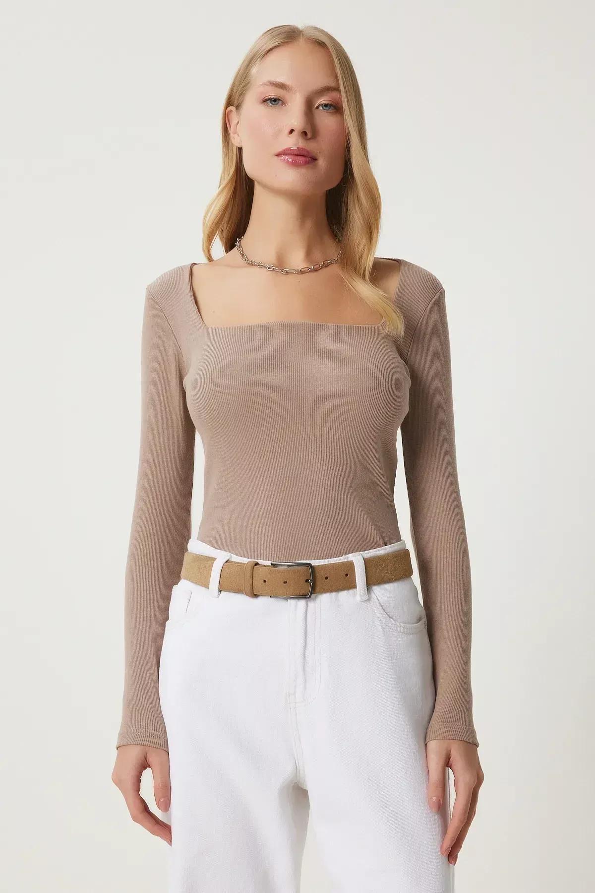 Beige Square Collar Fitted Blouse, Beige, large image number 2