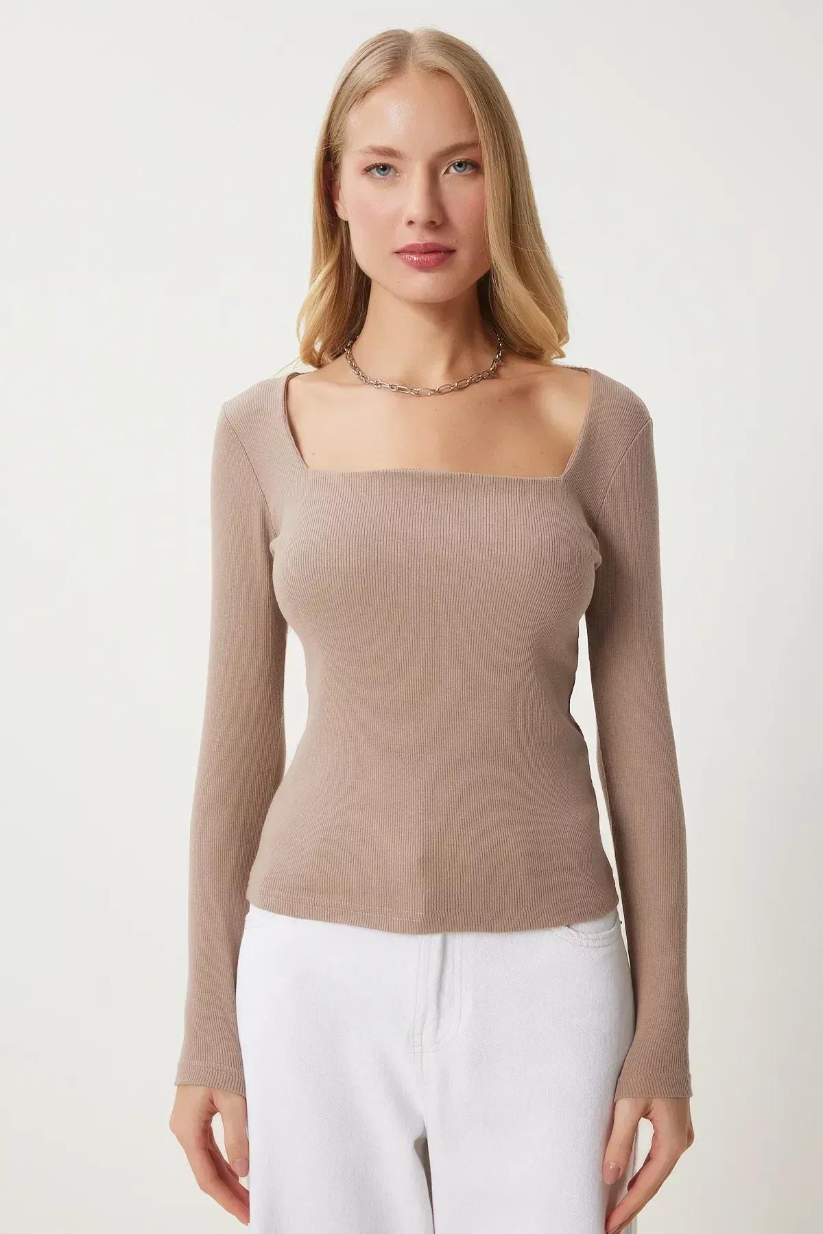 Beige Square Collar Fitted Blouse, Beige, large image number 4