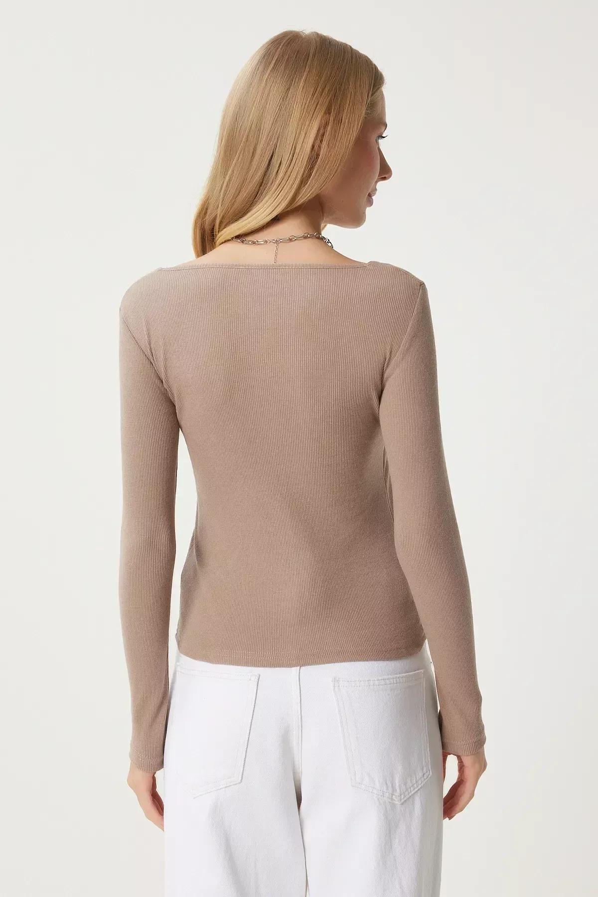 Beige Square Collar Fitted Blouse, Beige, large image number 5