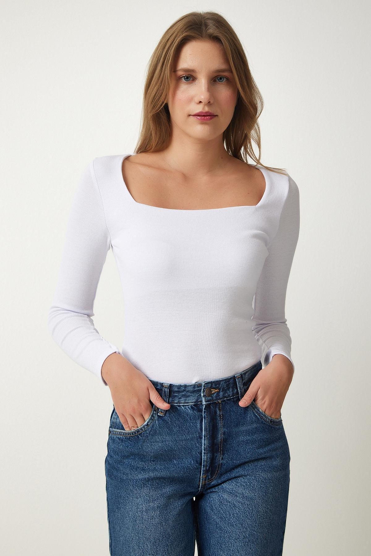 White Square Collar Fitted Blouse, , large image number 3