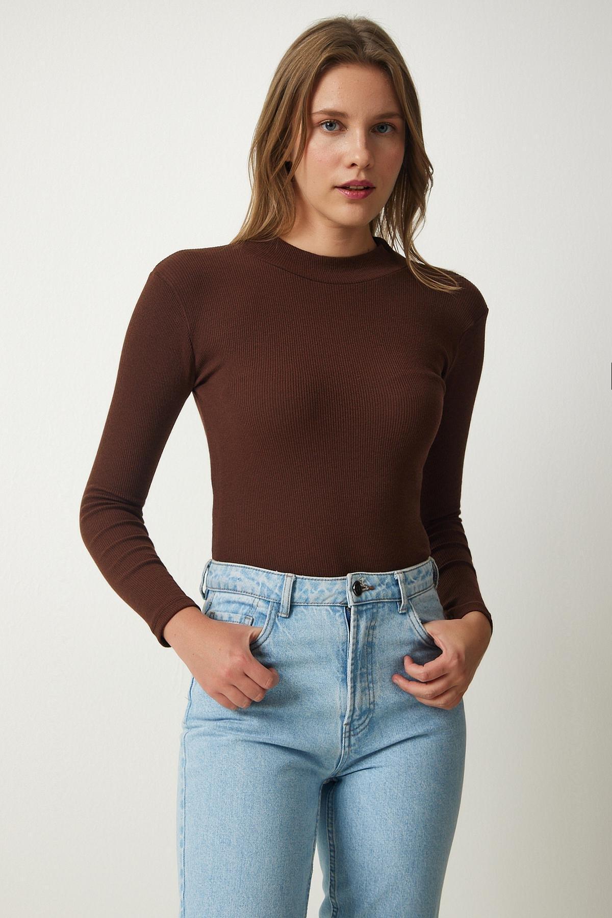 Brown High Neck Slim Blouse, Brown, large image number 2