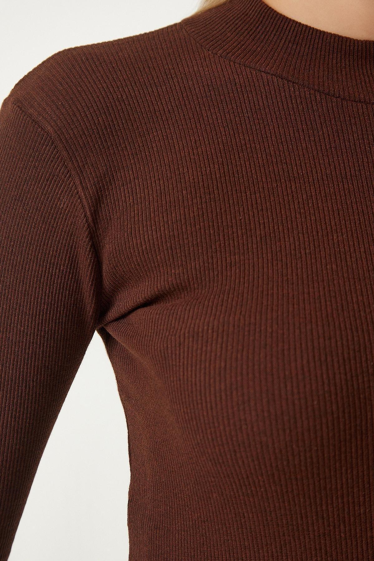 Brown High Neck Slim Blouse, Brown, large image number 3