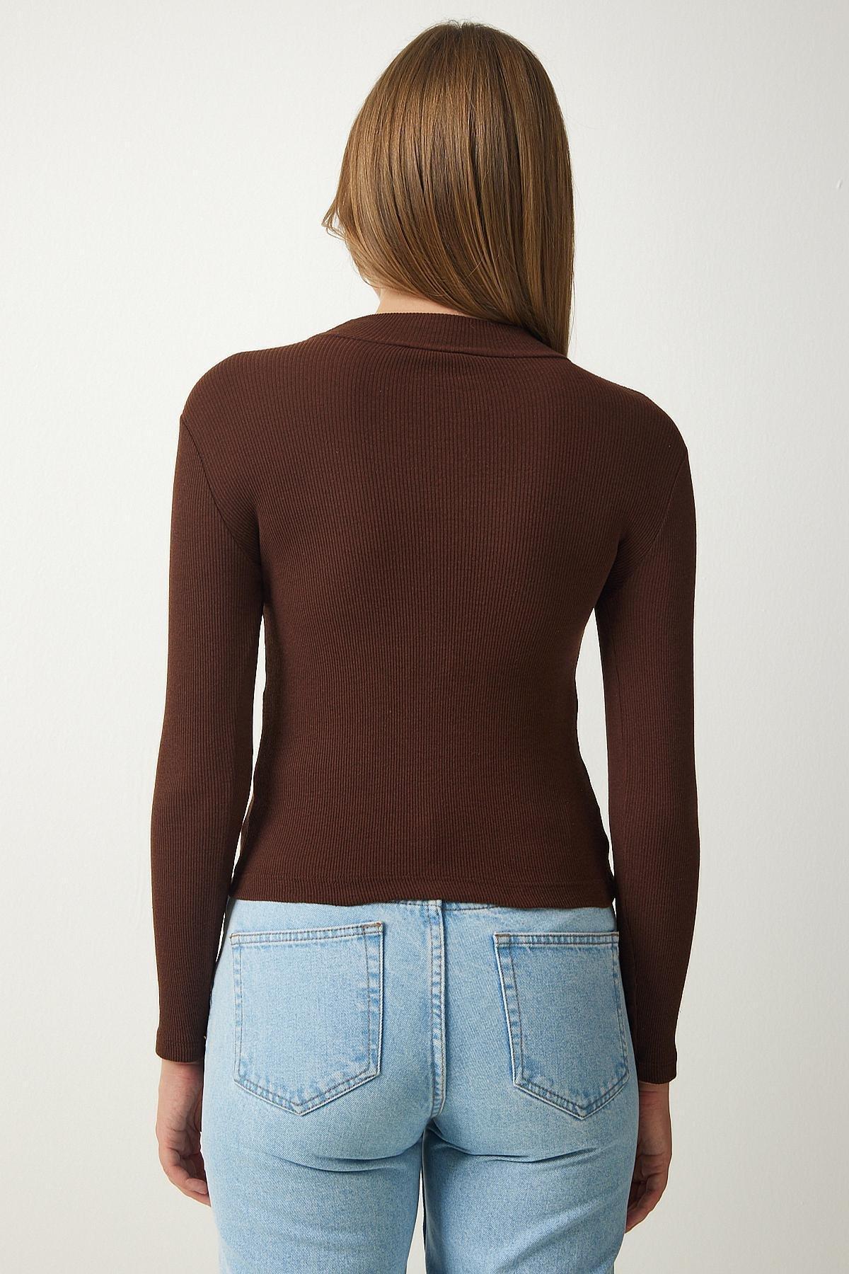 Brown High Neck Slim Blouse, Brown, large image number 4