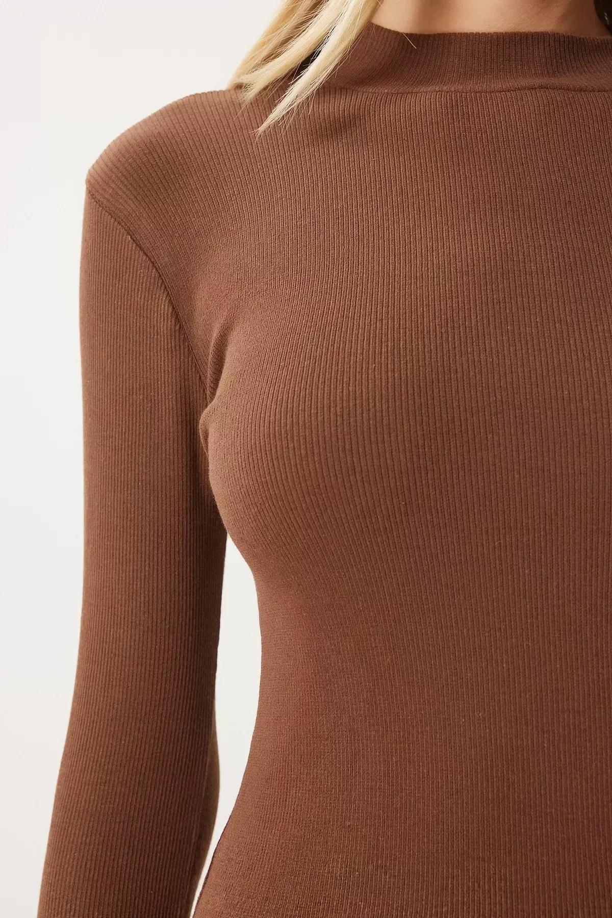 Brown High Neck Slim Blouse, Brown, large image number 4