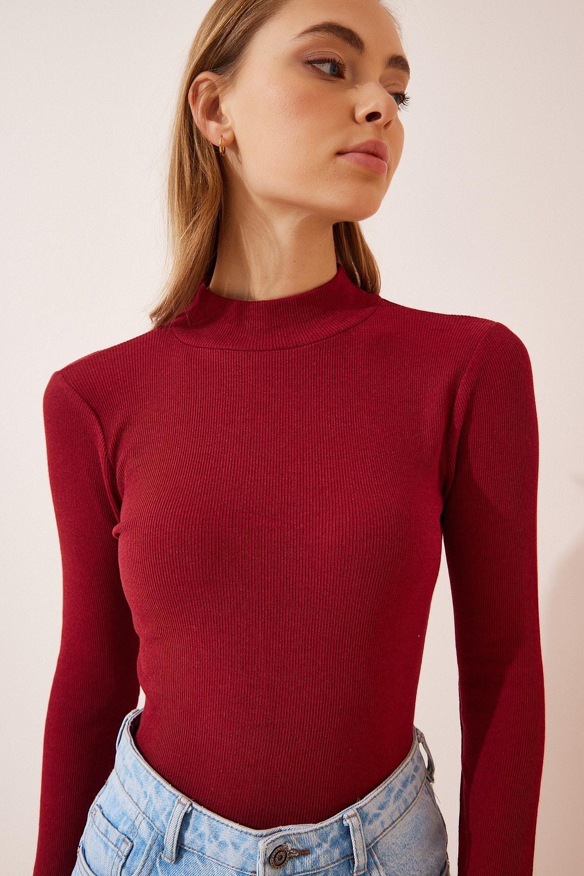 Burgundy High Neck Slim Blouse, Burgundy, large image number 0