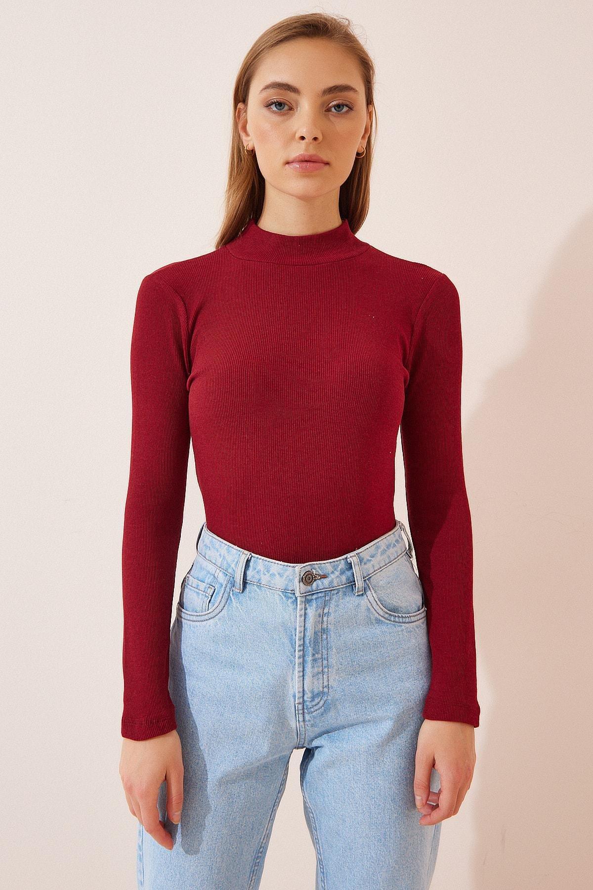 Burgundy High Neck Slim Blouse, Burgundy, large image number 2