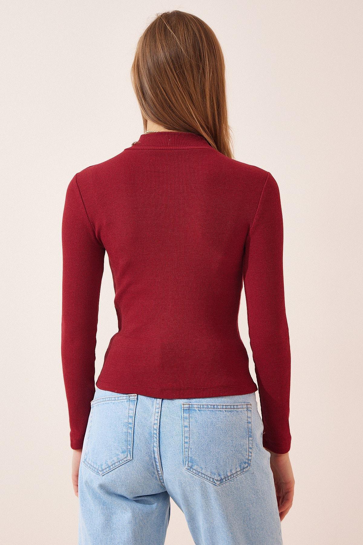 Burgundy High Neck Slim Blouse, Burgundy, large image number 3