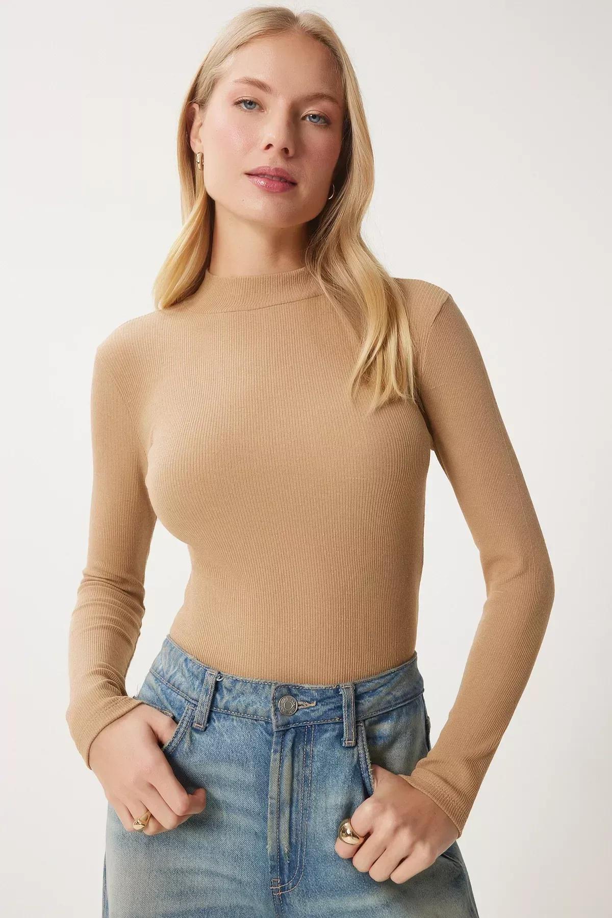 Brown High Neck Slim Blouse, BISCUIT, medium