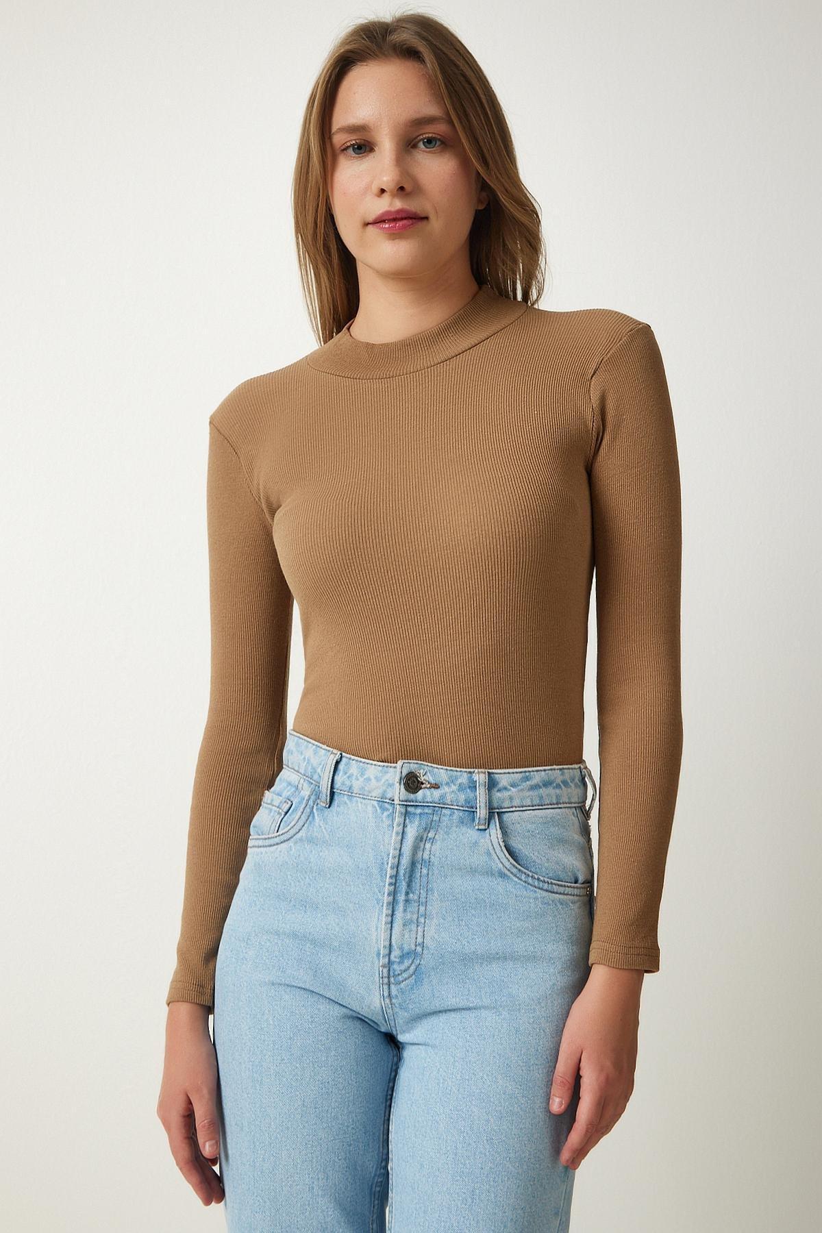 Brown High Neck Slim Blouse, BISCUIT, large image number 2
