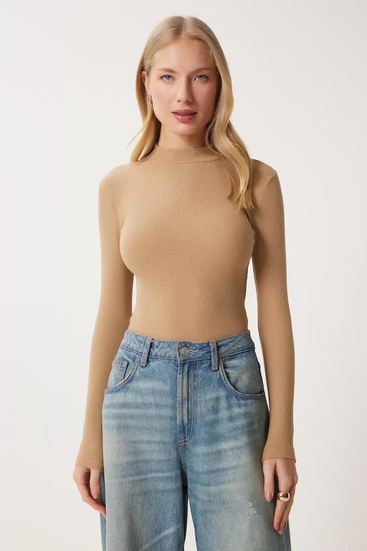 Brown High Neck Slim Blouse, BISCUIT, large image number 2