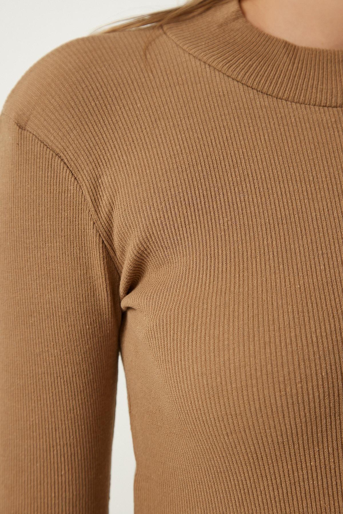 Brown High Neck Slim Blouse, BISCUIT, large image number 3