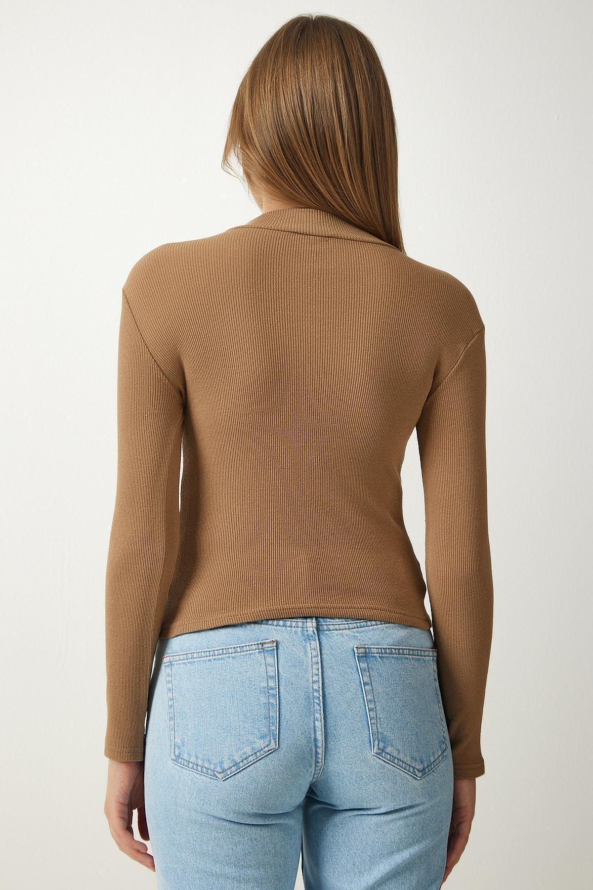 Brown High Neck Slim Blouse, BISCUIT, large image number 4