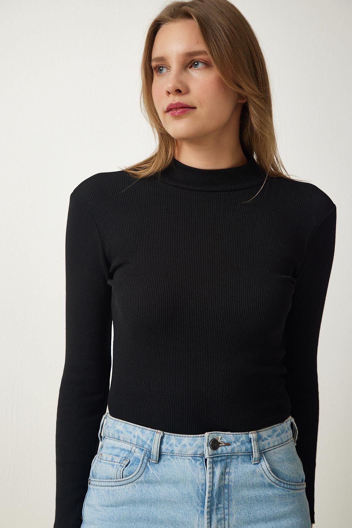 Black High Neck Slim Blouse, BLACK, large image number 0