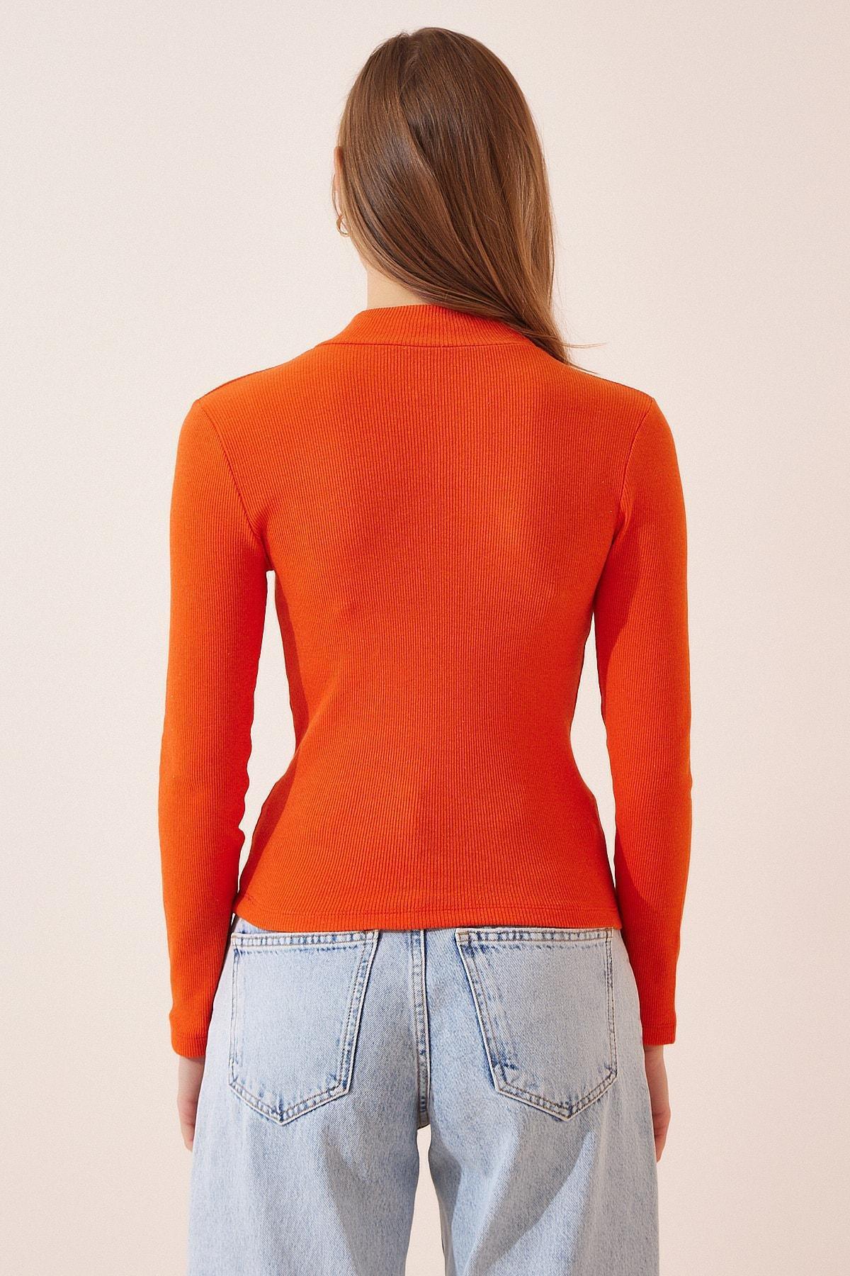Orange Turtleneck Ribbed Knitted Blouse, Orange, large image number 3