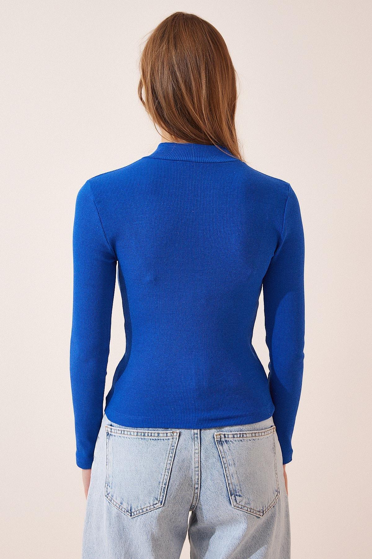 Blue High Neck Slim Blouse, Cobalt Blue, large image number 2