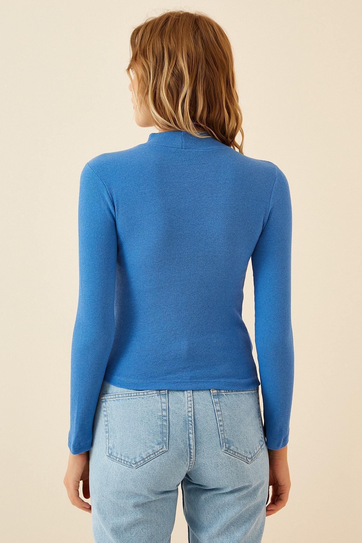 Blue High Neck Slim Blouse, Blue, large image number 3