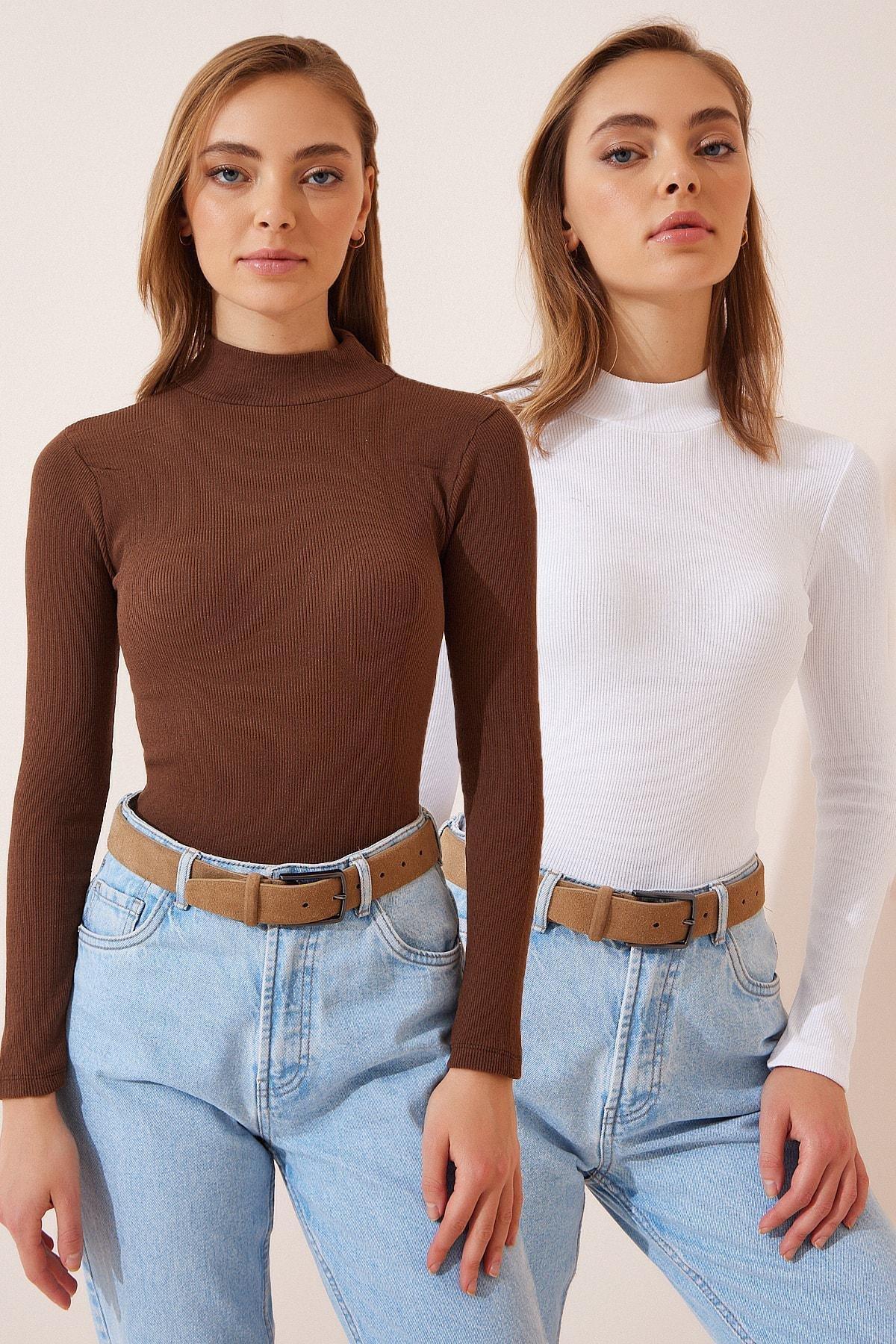 Brown High Neck Fitted Top, Brown White, large image number 0
