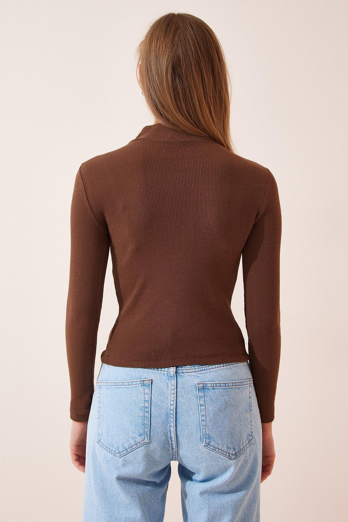 Brown High Neck Fitted Top, Brown White, large image number 5