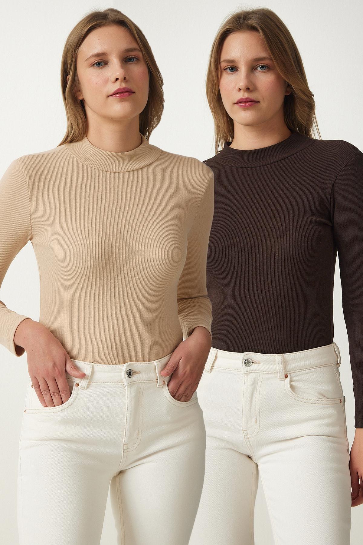 Brown High Neck Fitted Top, Cream Dark Brown, large image number 0
