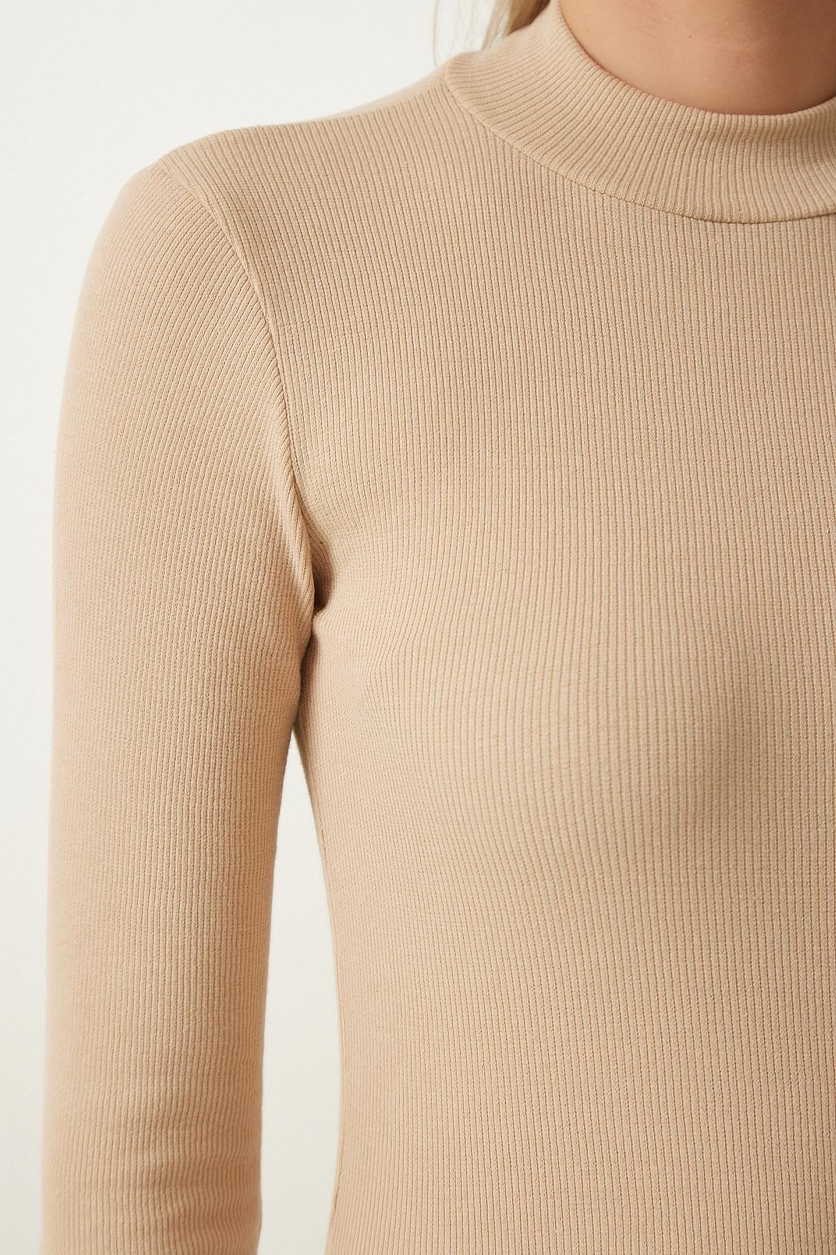Brown High Neck Fitted Top, Cream Dark Brown, large image number 2