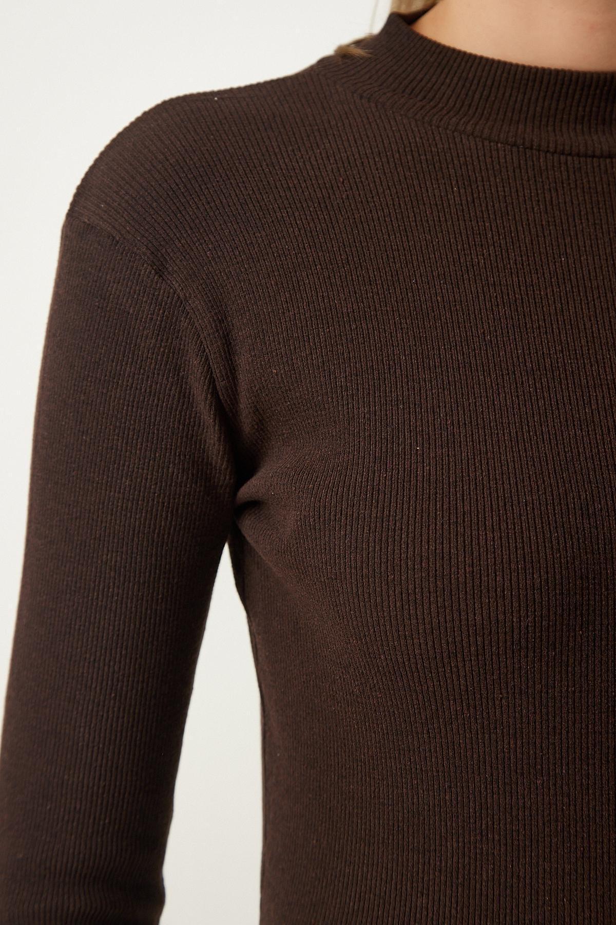 Brown High Neck Fitted Top, Cream Dark Brown, large image number 4